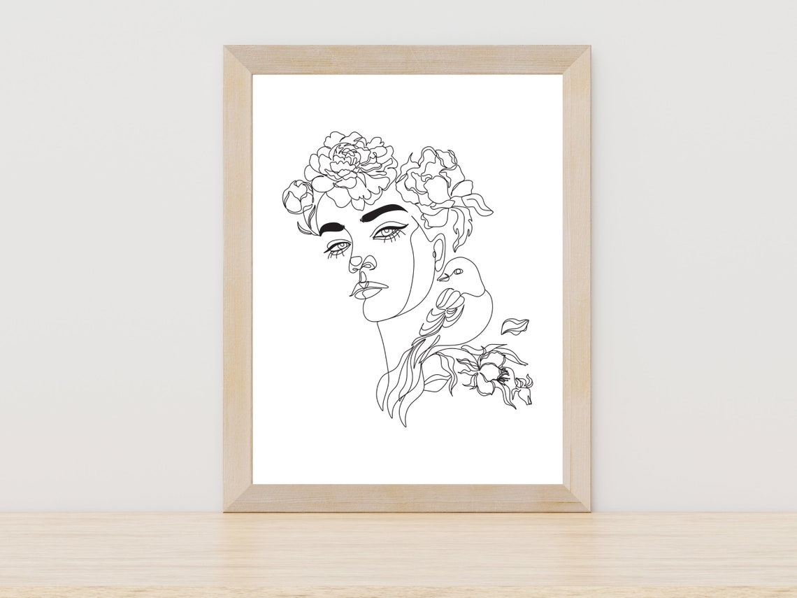 Serene Woman With Bird And Flowers Minimalist Line Art Poster
