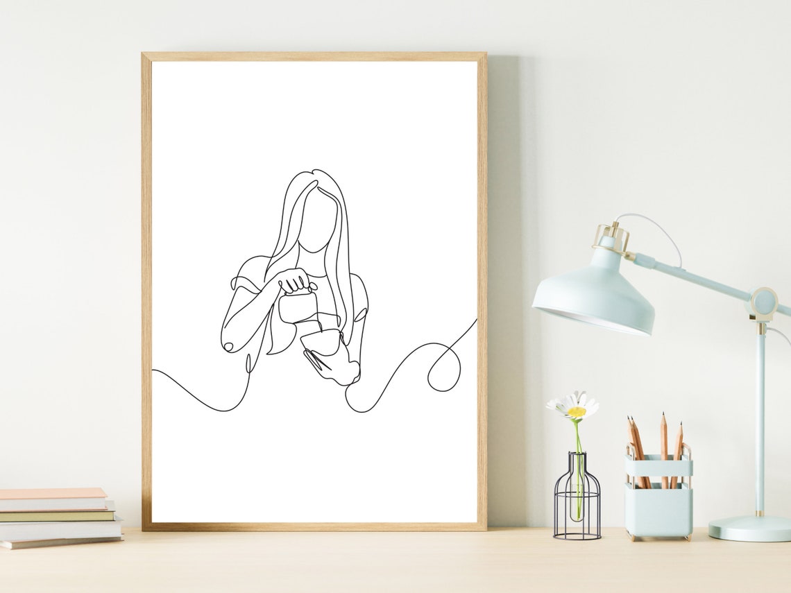 Woman Drinking Coffee One Line Drawing Minimalist Cafe Art Print - Image 3