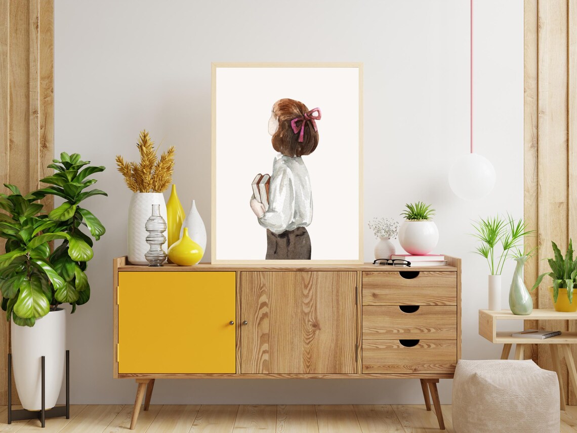 Watercolor Girl With Books Pink Bow Back View Nursery Art Poster - Image 4