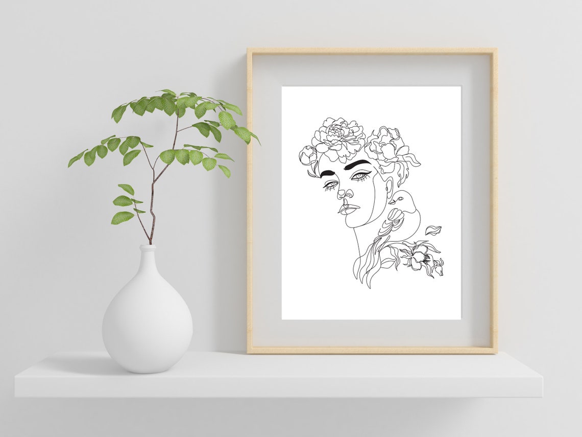 Serene Woman With Bird And Flowers Minimalist Line Art Poster - Image 2