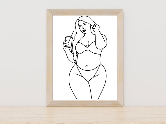 Curvy Woman Holding Drink Line Art Body Positive Confidence Poster