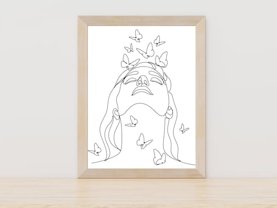 Woman With Butterfly Line Art, Nature Woman Print