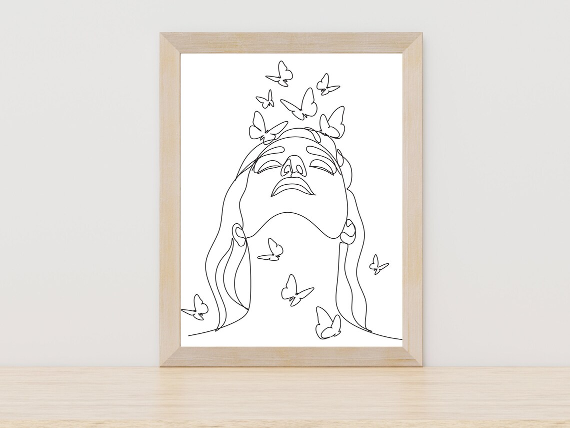 Woman With Butterfly Line Art, Nature Woman Print