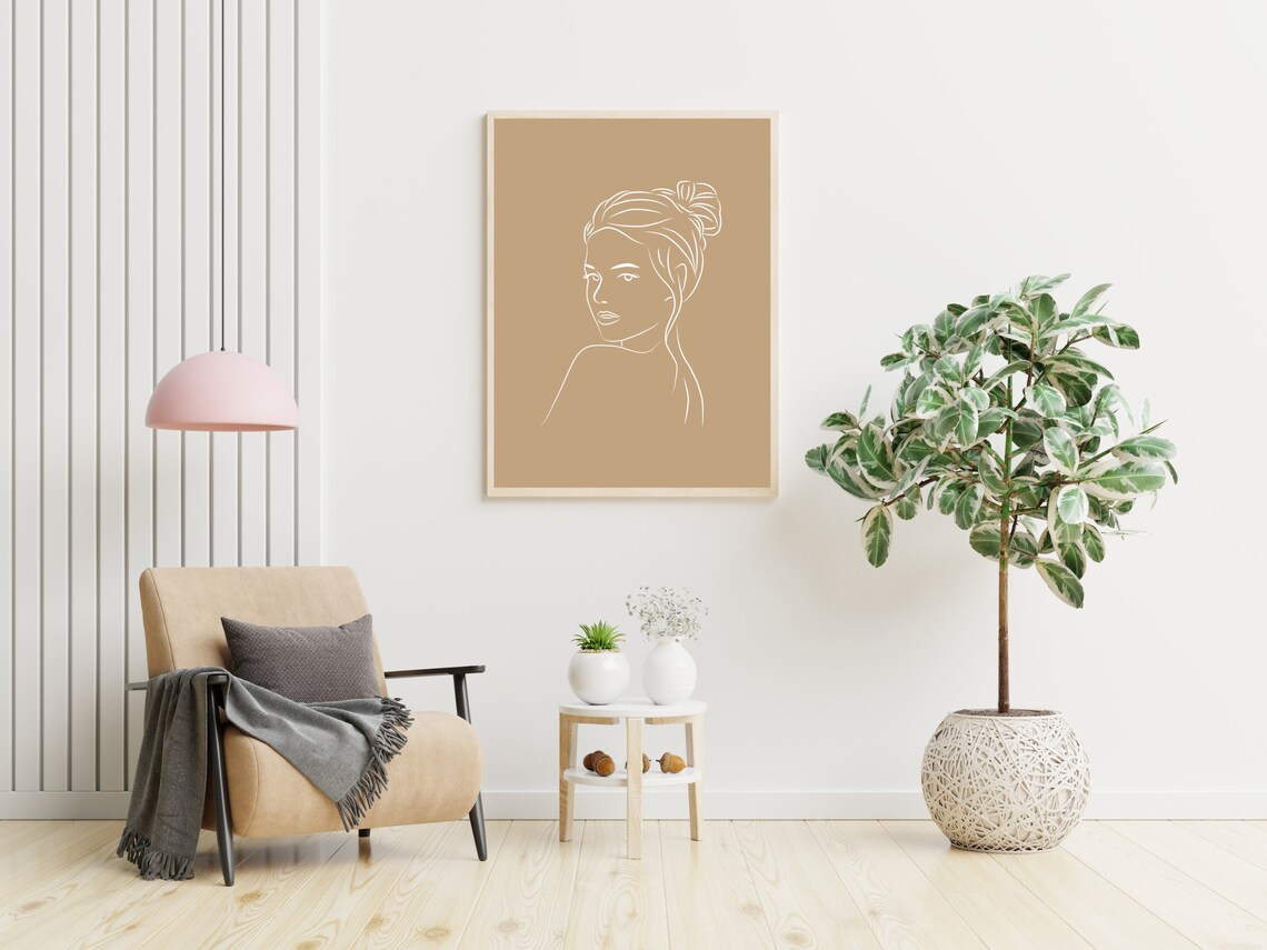 Elegant Woman Portrait Line Art on Warm Tan Background Poster - Image 4