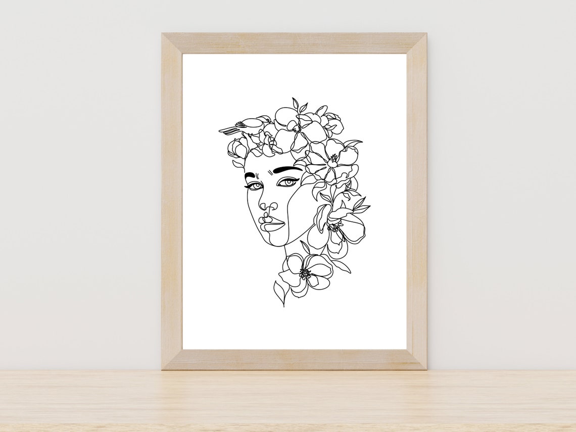 Graceful Woman Face With Blooming Flower Crown Line Art Poster