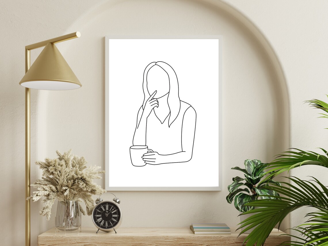 Woman Holding Coffee Mug Quiet Thoughtful Morning Line Art Poster - Image 4