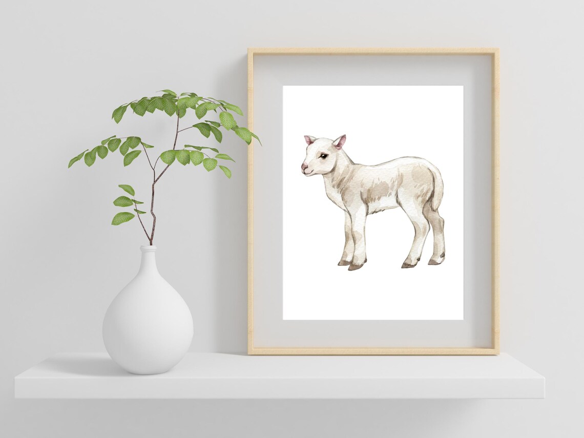White Lamb Watercolor Painting Cute Baby Sheep Farm Animal Poster - Image 2
