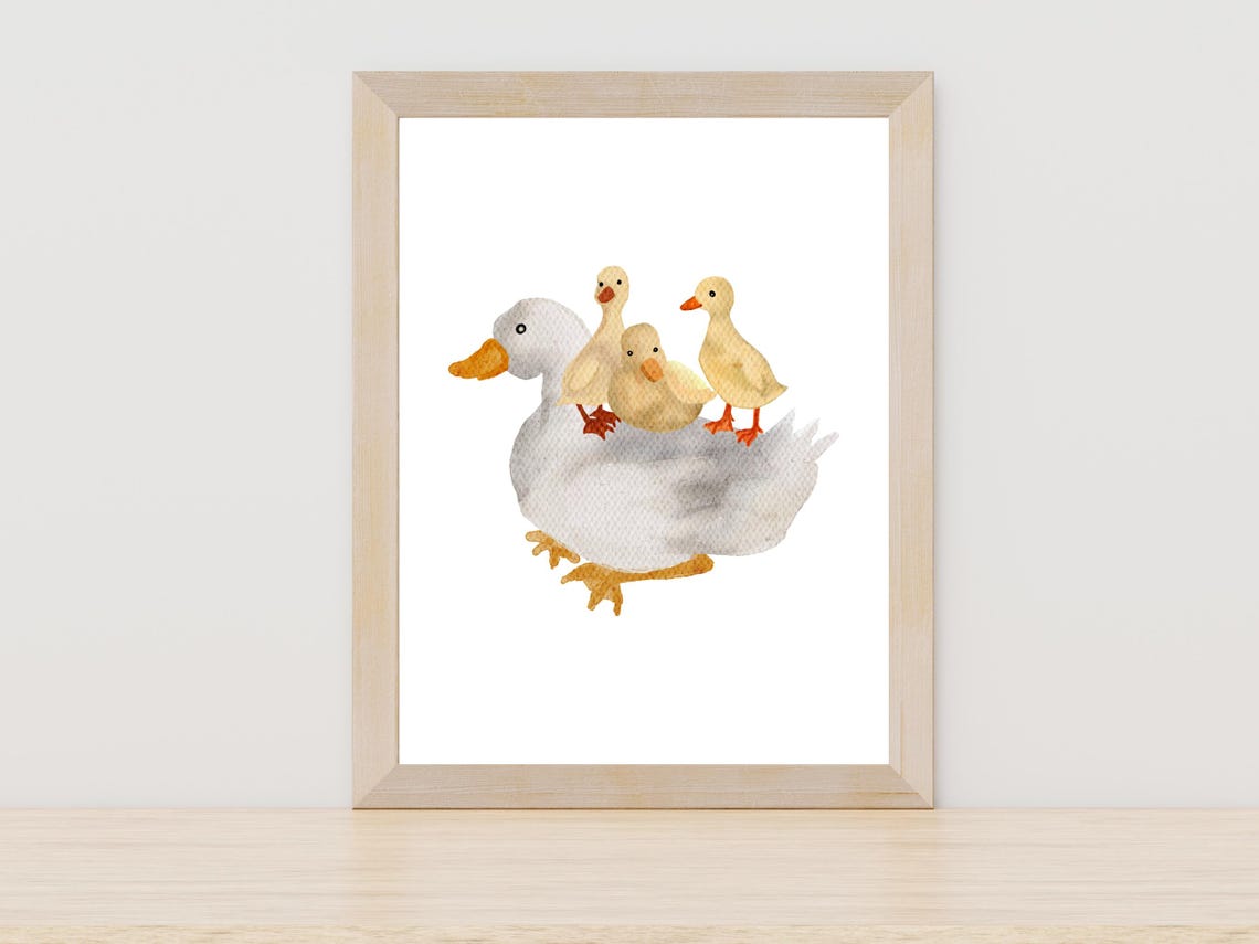 Mother Duck With Three Ducklings Watercolor Nursery Animal Poster