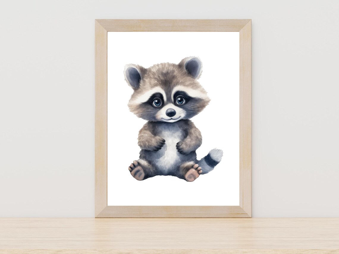Cute Baby Raccoon Watercolor Painting Woodland Animal Wall Art