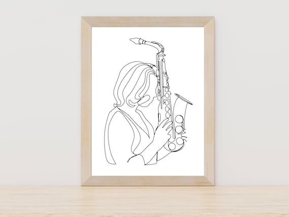 Woman Playing Saxophone Elegant Jazz Musician Line Art Print
