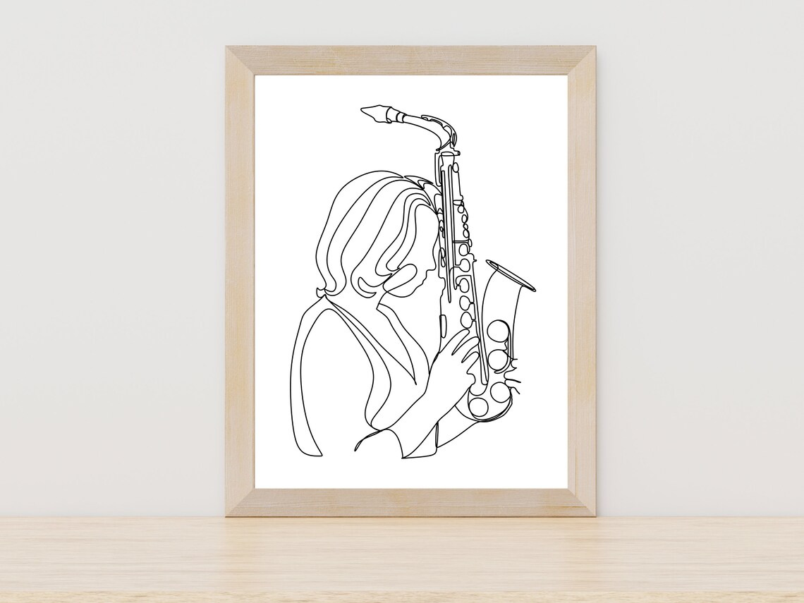 Woman Playing Saxophone Elegant Jazz Musician Line Art Print