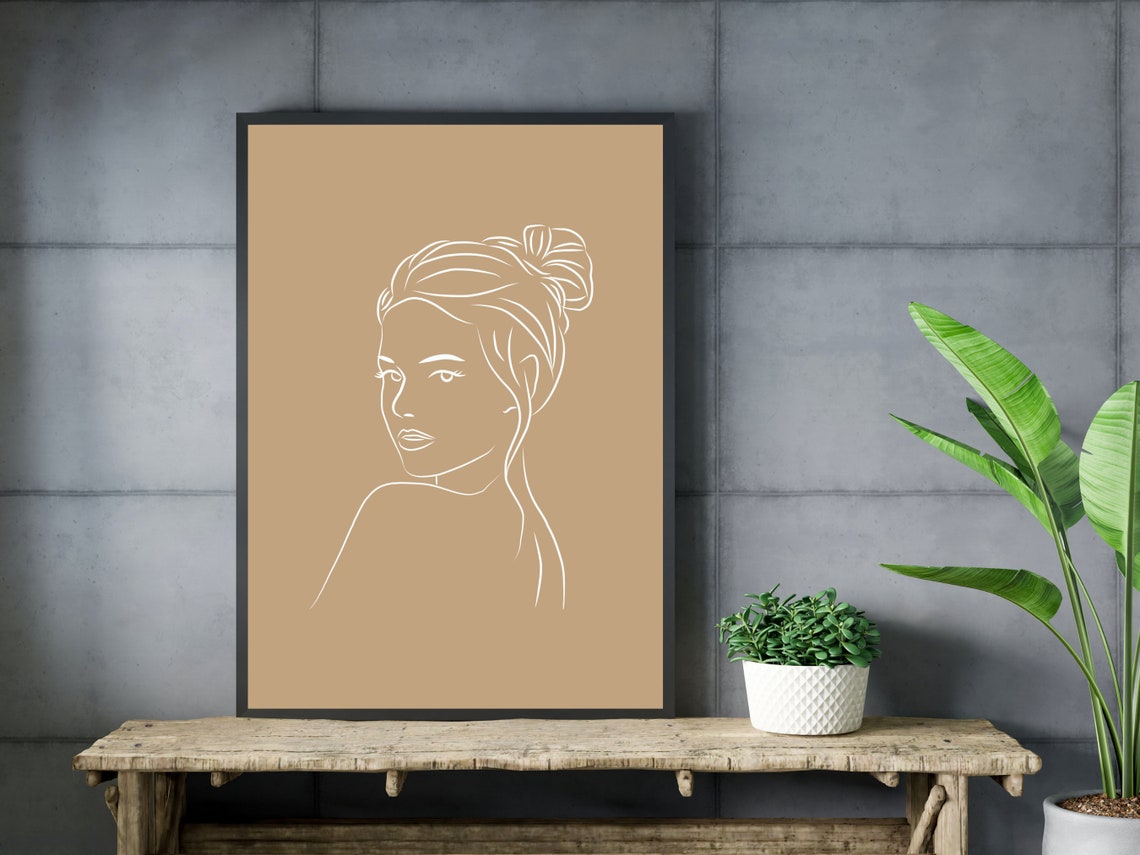 Elegant Woman Portrait Line Art on Warm Tan Background Poster - Image 3