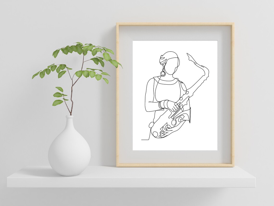 Minimalist Female Saxophone Player Single Line Art Music Poster - Image 2