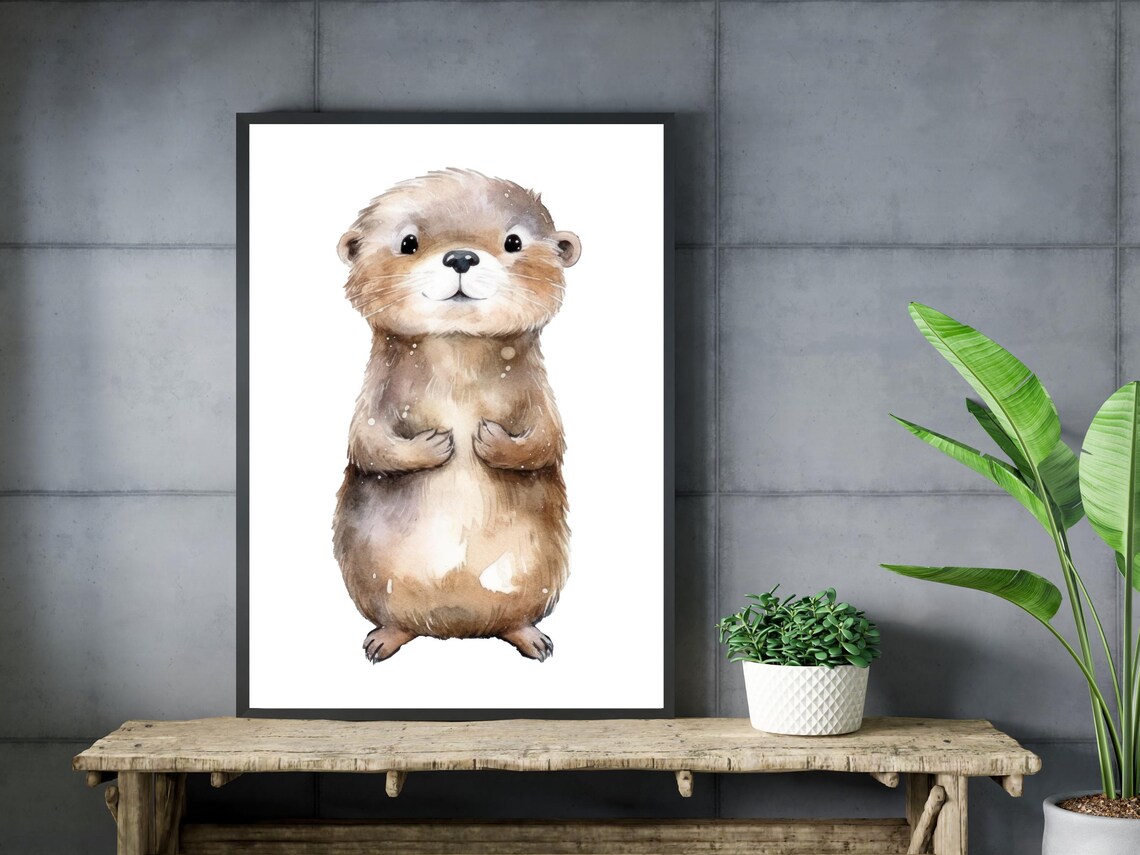 Cute Watercolor Baby Otter Nursery Animal Minimalist Art Print - Image 3