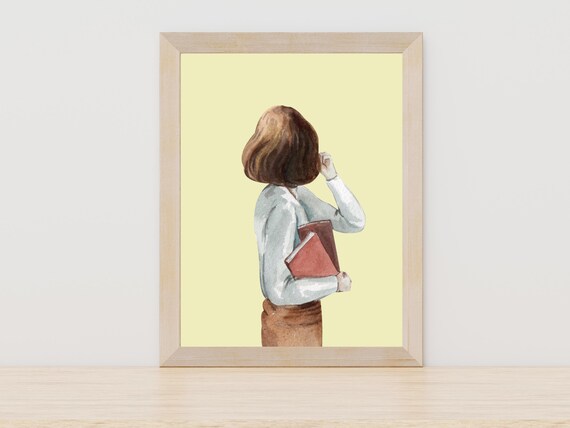 Watercolor Woman With Book Back View Soft Yellow Backdrop Poster