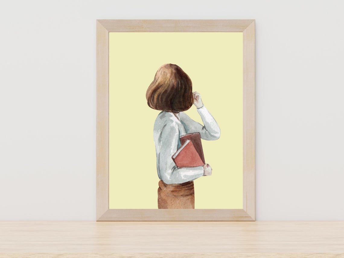 Watercolor Woman With Book Back View Soft Yellow Backdrop Poster