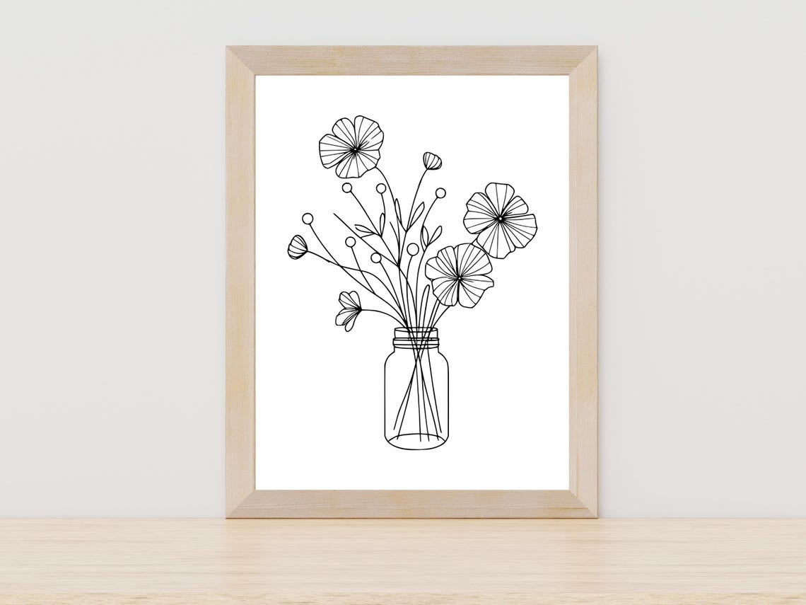 Wildflowers In Mason Jar Minimalist Botanical Line Art Poster