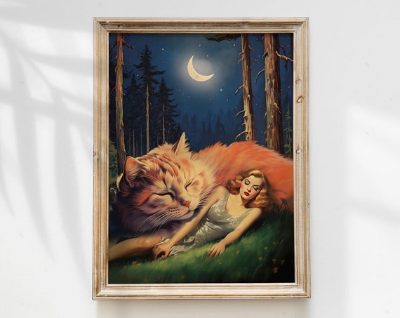 Sweet Dreams Orange Cat Retro Surreal Art Print
