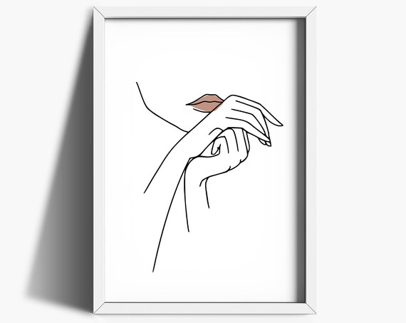 Elegant Line Drawing Hands Lips Abstract Minimalist Poster for Home