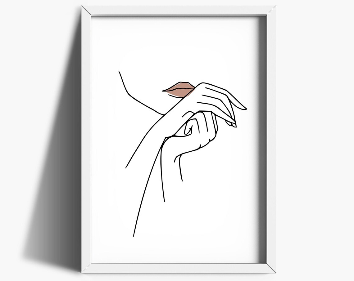 Elegant Line Drawing Hands Lips Abstract Minimalist Poster for Home