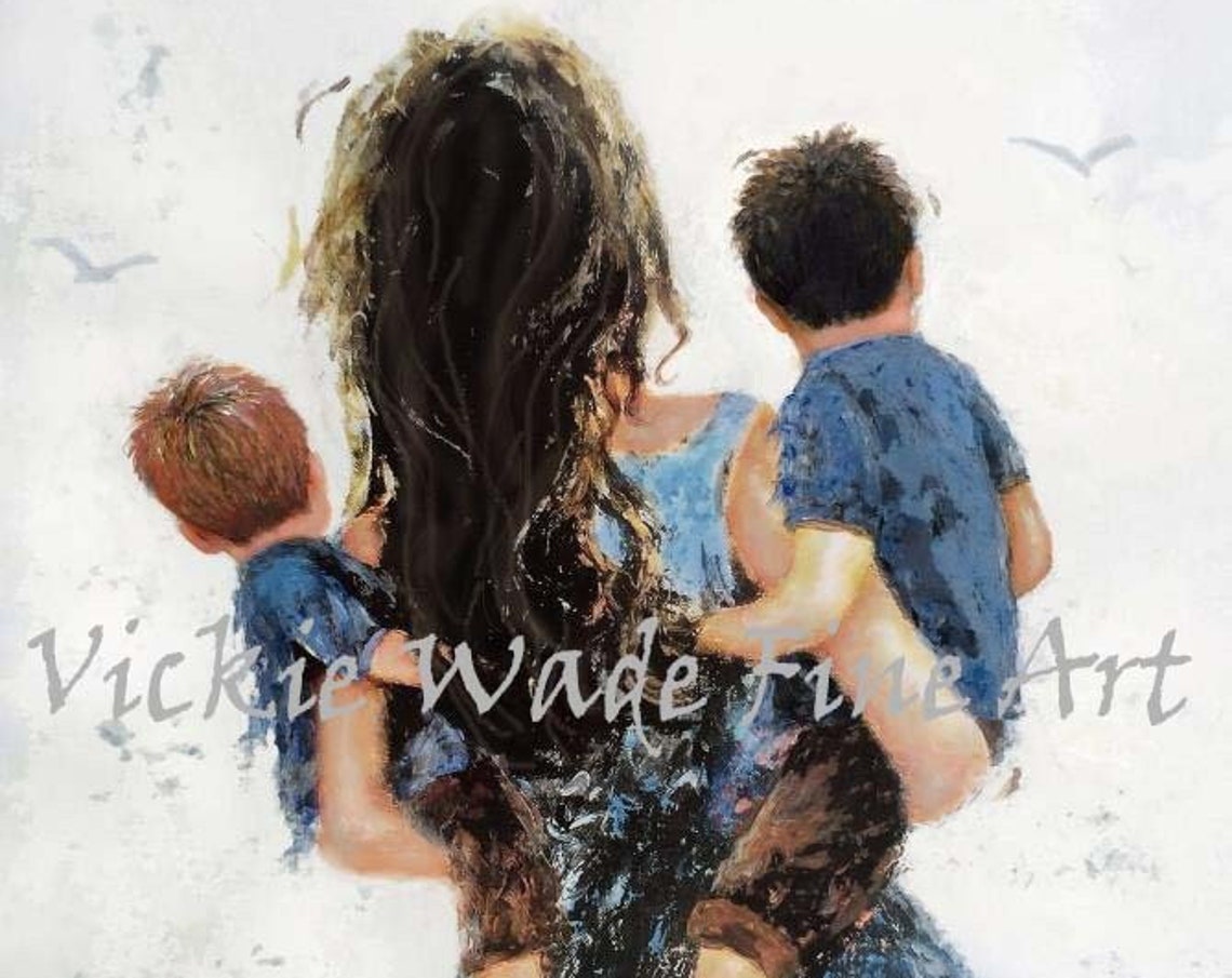 Mother Carrying Two Young Sons Walking Away Together Art Poster