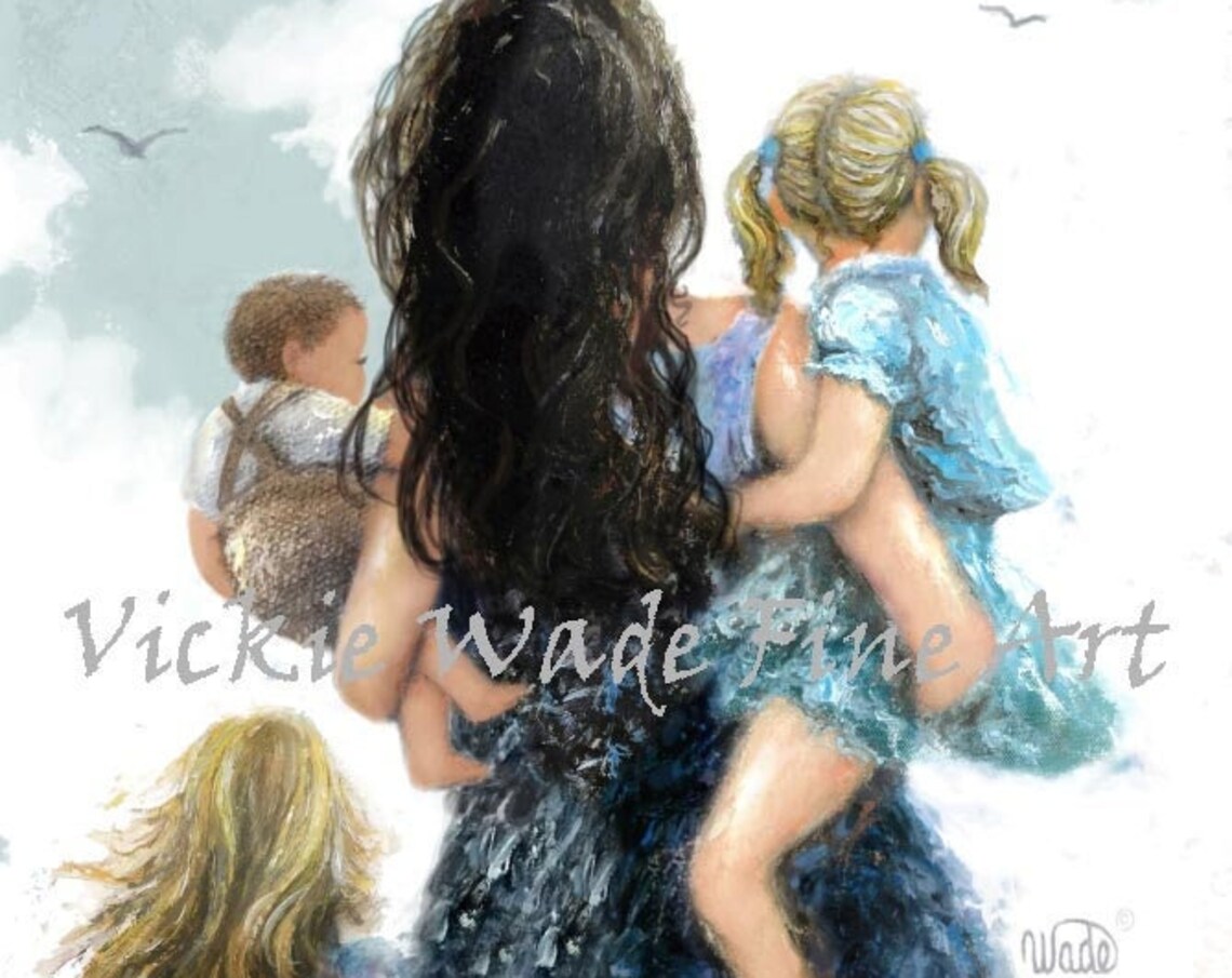 Mother Carrying Baby Son and Daughter Walking Together Poster