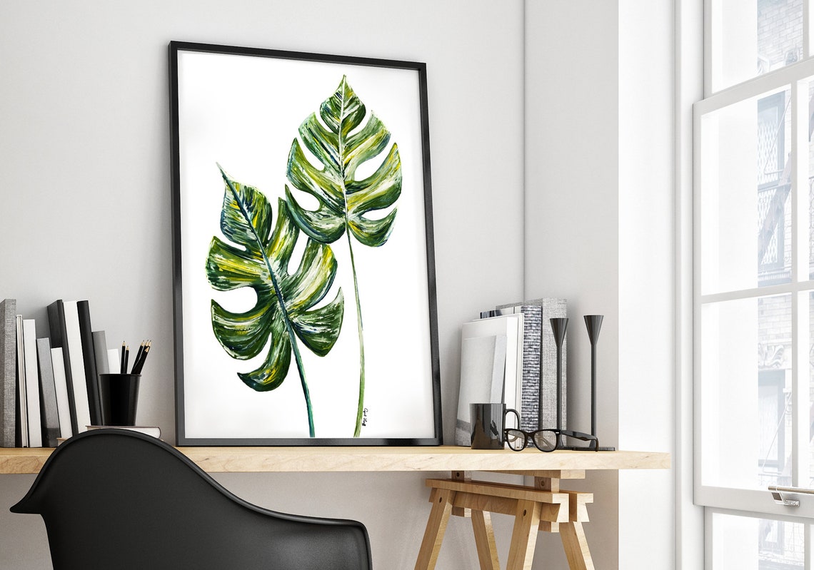 Two Monstera Leaves Watercolor Botanical Print Close Up Green Foliage - Image 3