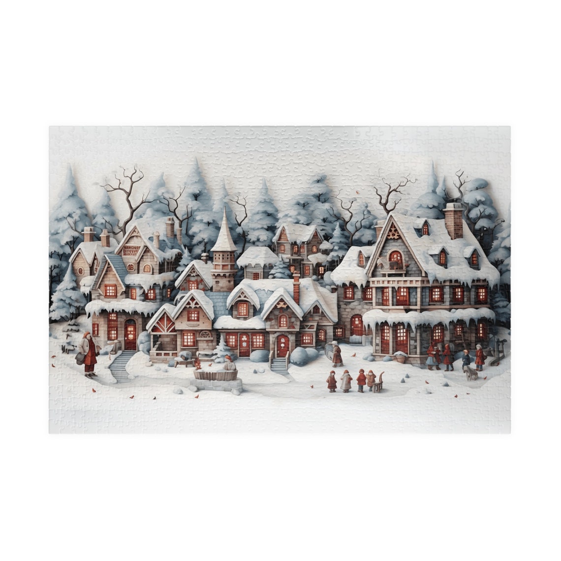 Storybook Snowy Christmas Town with Children and Houses Art Print - Image 4