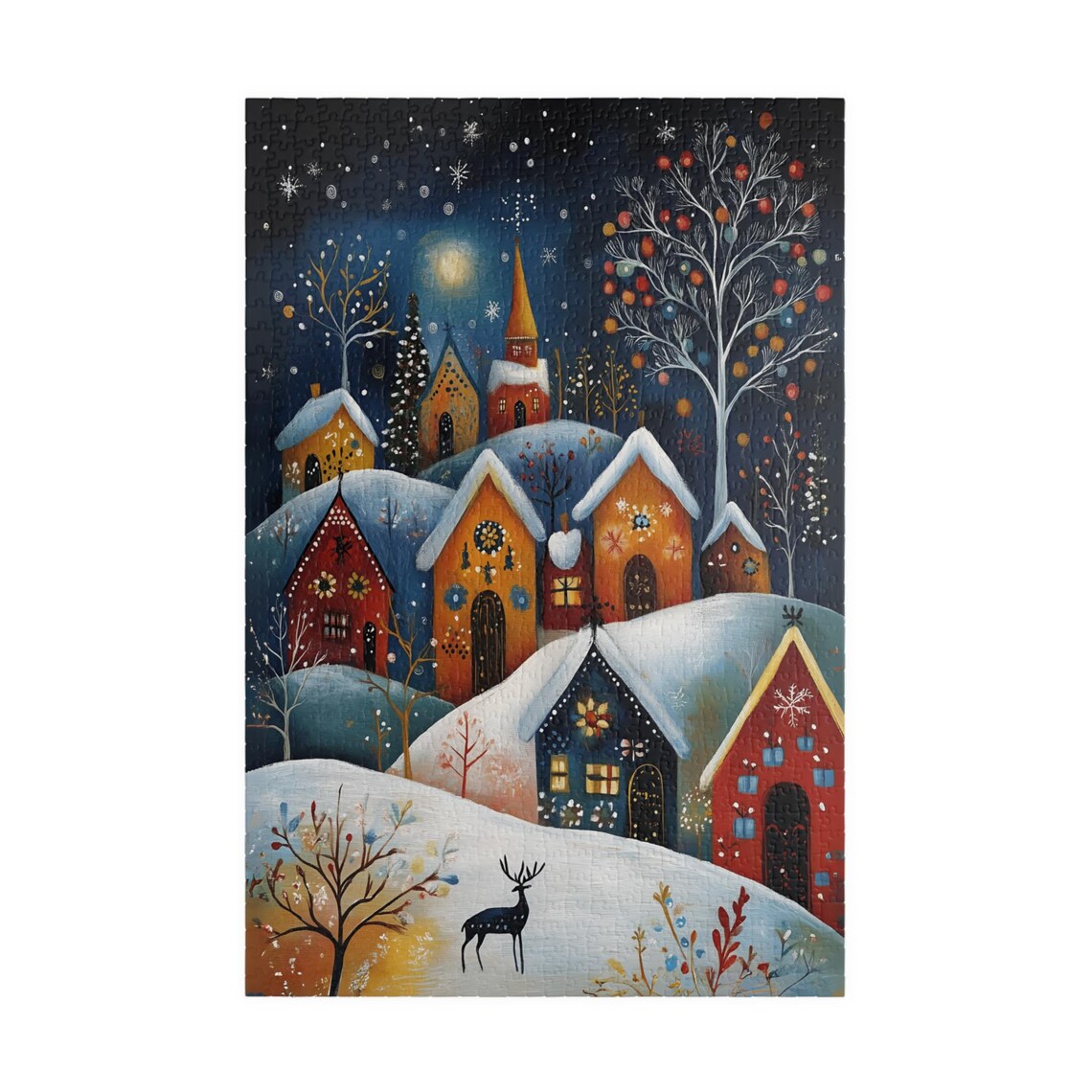 Moonlit Snowy Village Church Deer Folk Art Winter Night Poster - Image 3