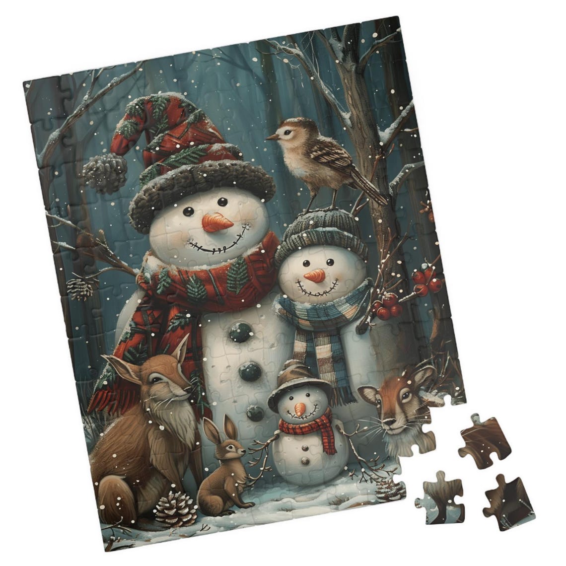 Snowman Family with Deer and Rabbit Snowy Forest Christmas Poster