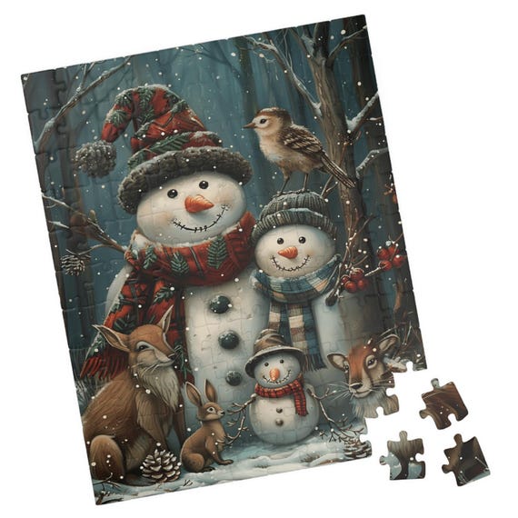 Snowman Family In The Woods With Animals Jigsaw Puzzle Great Gift For Holidays Birthdays Get Well And Nursing Homes