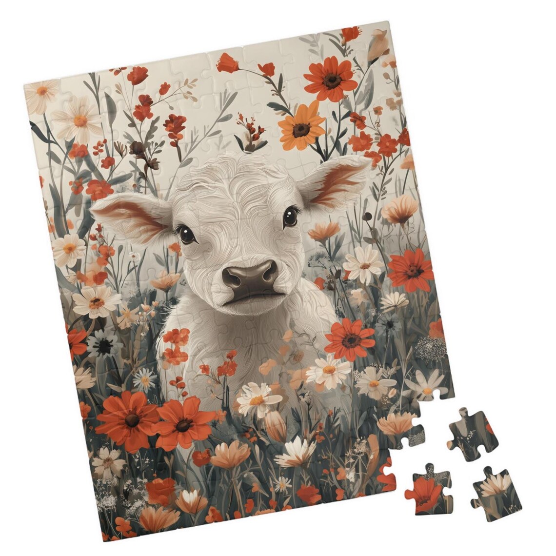 White Baby Cow Wildflower Meadow Calf Floral Cute Animal Poster