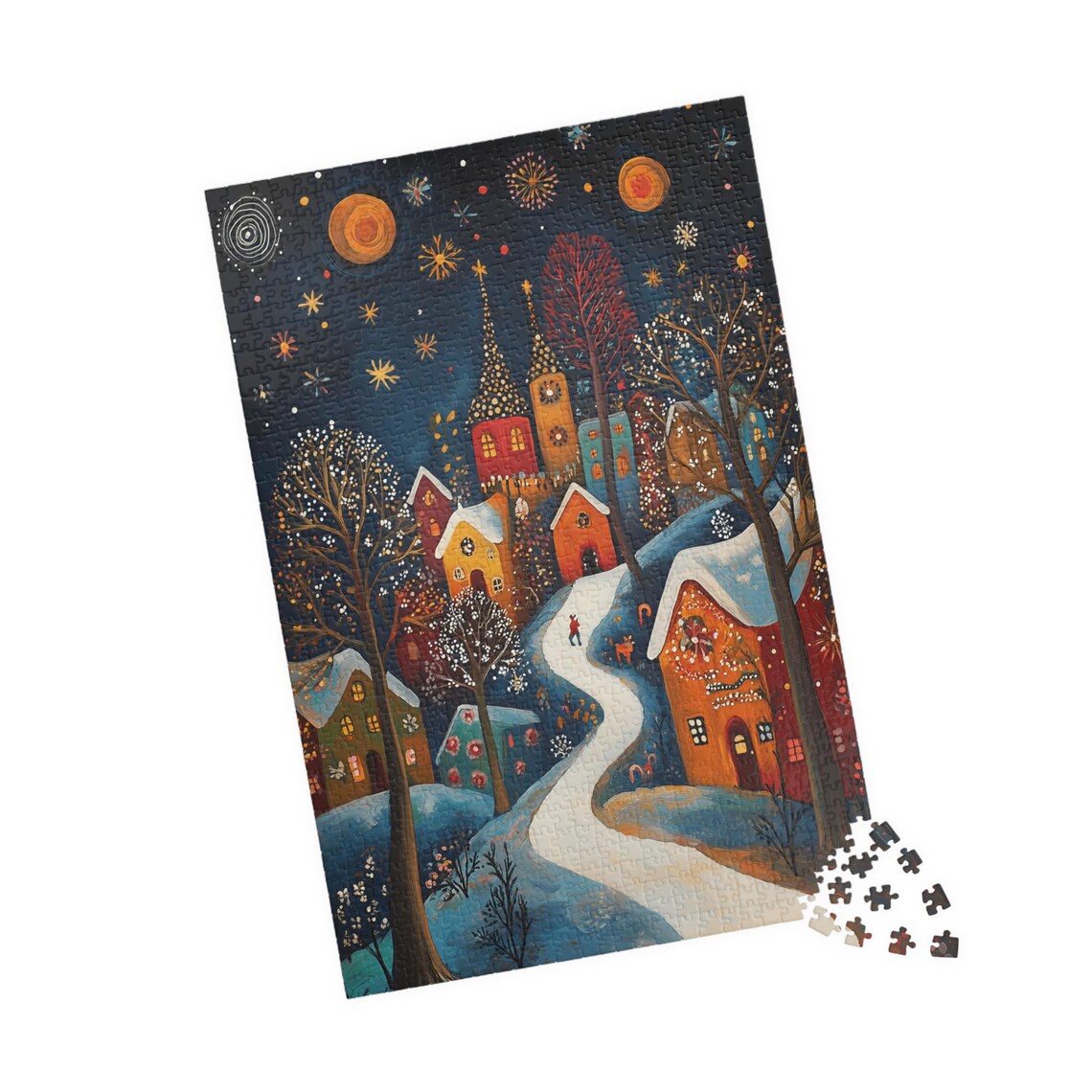 Snowy Village Night Folk Art Glowing Church Spires and Moon Poster - Image 4