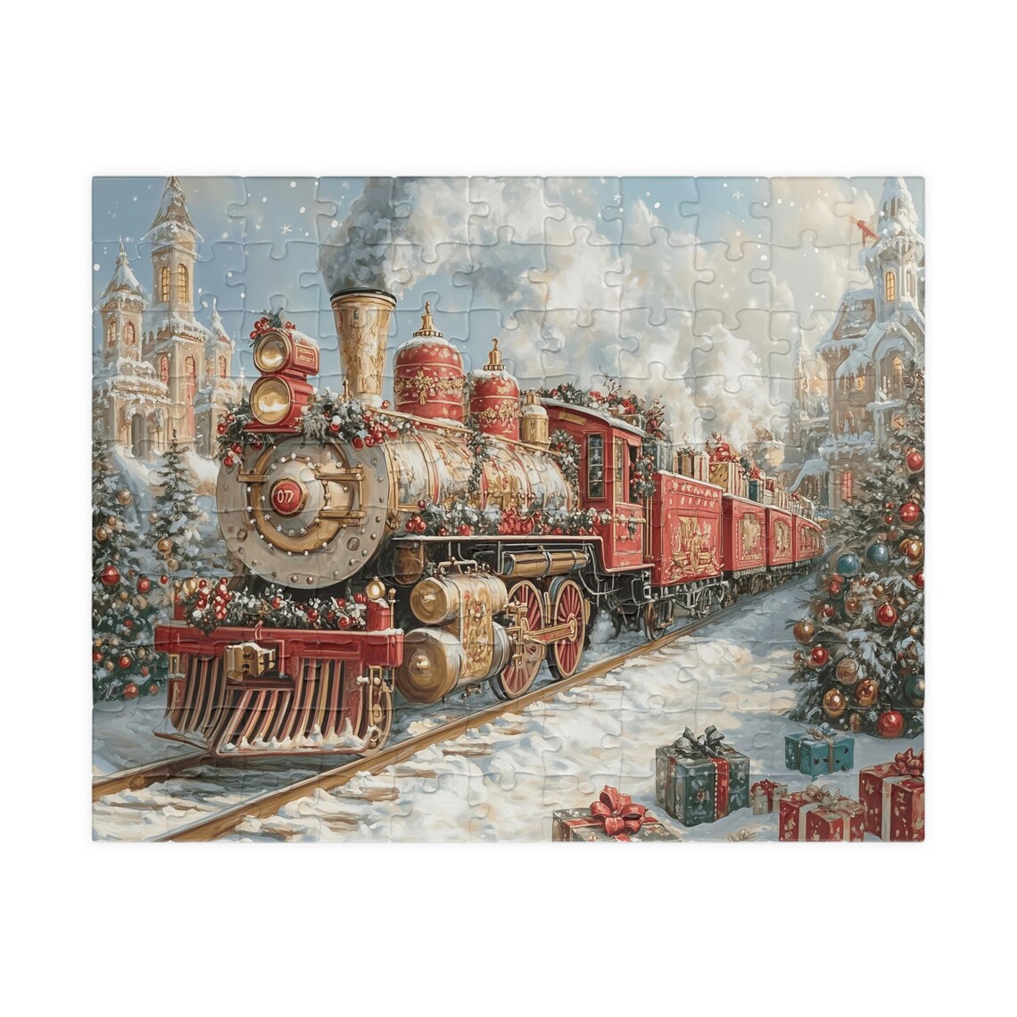 Red and Gold Christmas Train in a Snowy Village Scene Art Print - Image 5