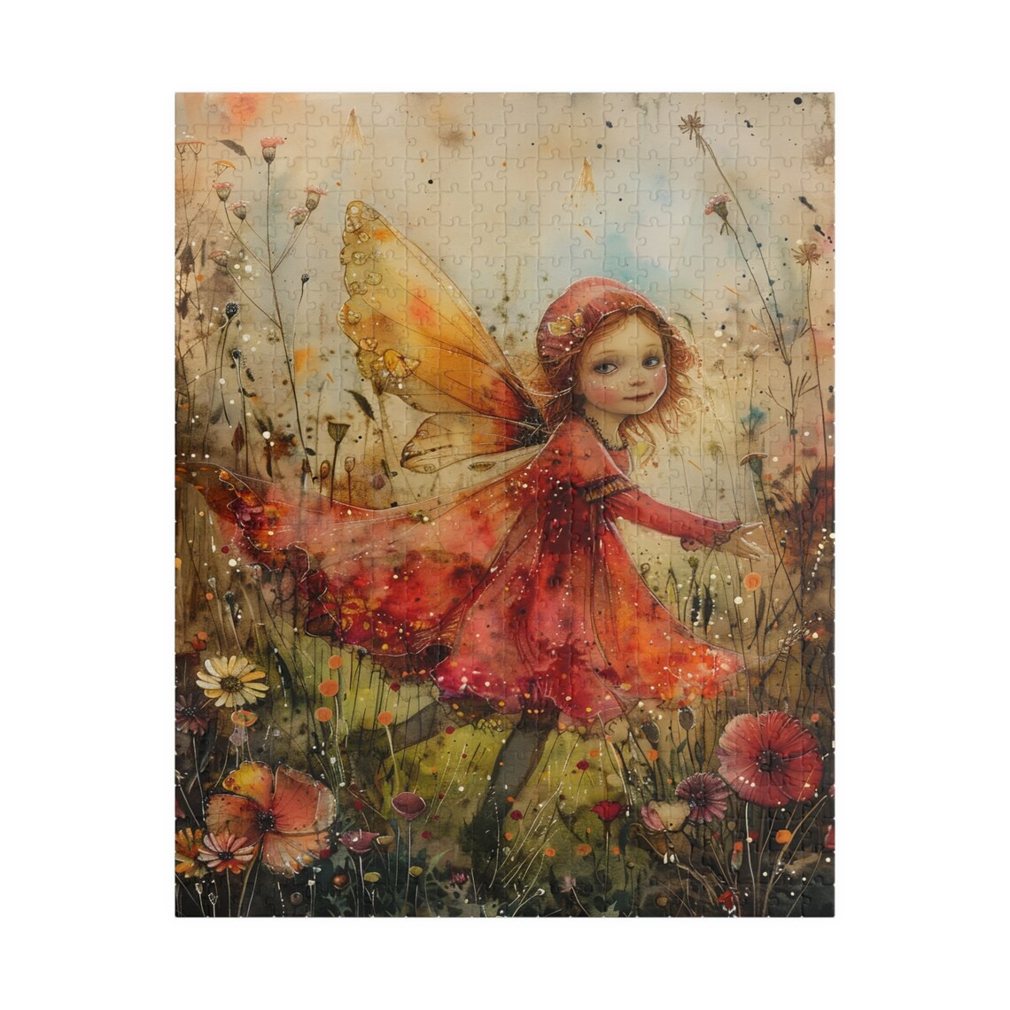 Watercolor Fairy Girl Red Dress Wildflower Meadow Art Poster - Image 5