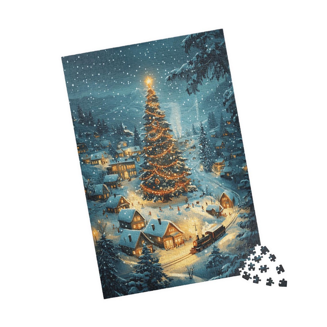 Snowy Mountain Village With Giant Lit Christmas Tree Art Poster - Image 4