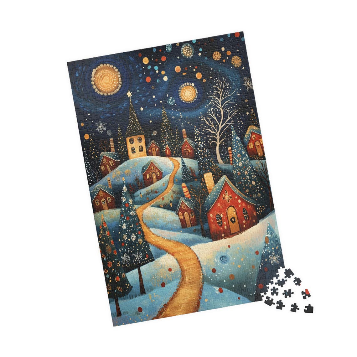 Whimsical Snowy Village at Night with Moon and Glowing Cottages Poster - Image 4
