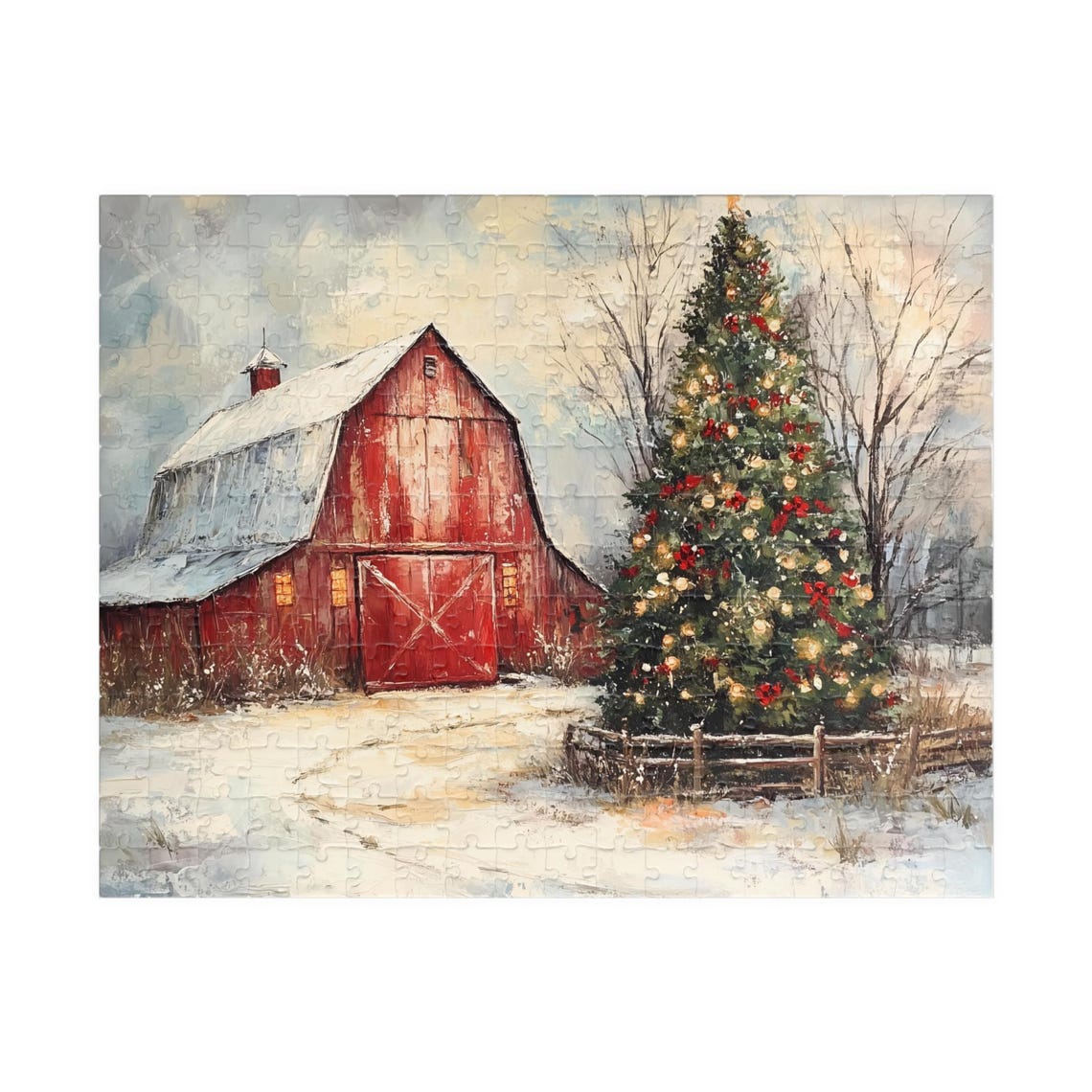 Red Barn Christmas Tree Snowy Winter Scene Jigsaw Puzzle Print - Image 3