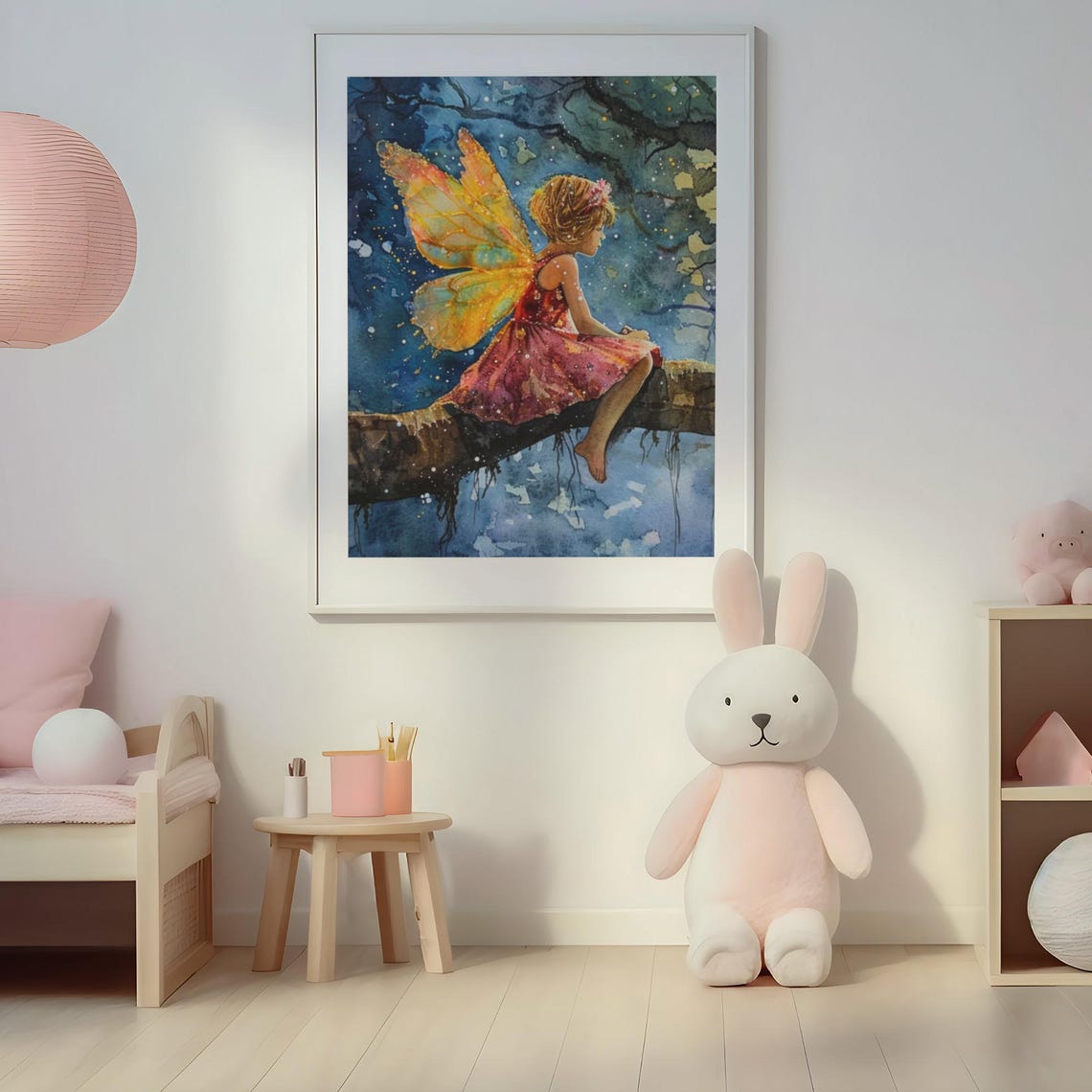 Twilight Fairy with Golden Wings Sitting on a Tree Branch Poster - Image 4