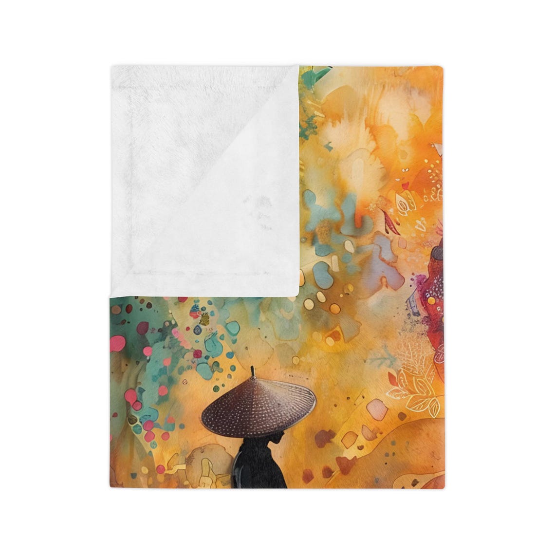 Watercolor Wanderer With Conical Hat Among Flowers Art Poster - Image 3