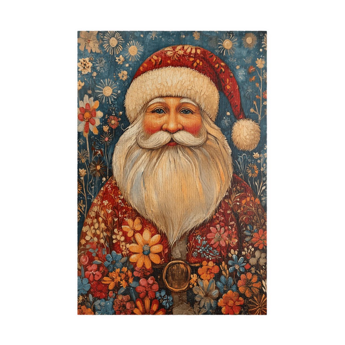 Scandinavian Santa Folk Art Portrait with Floral Red Coat Art Print - Image 3
