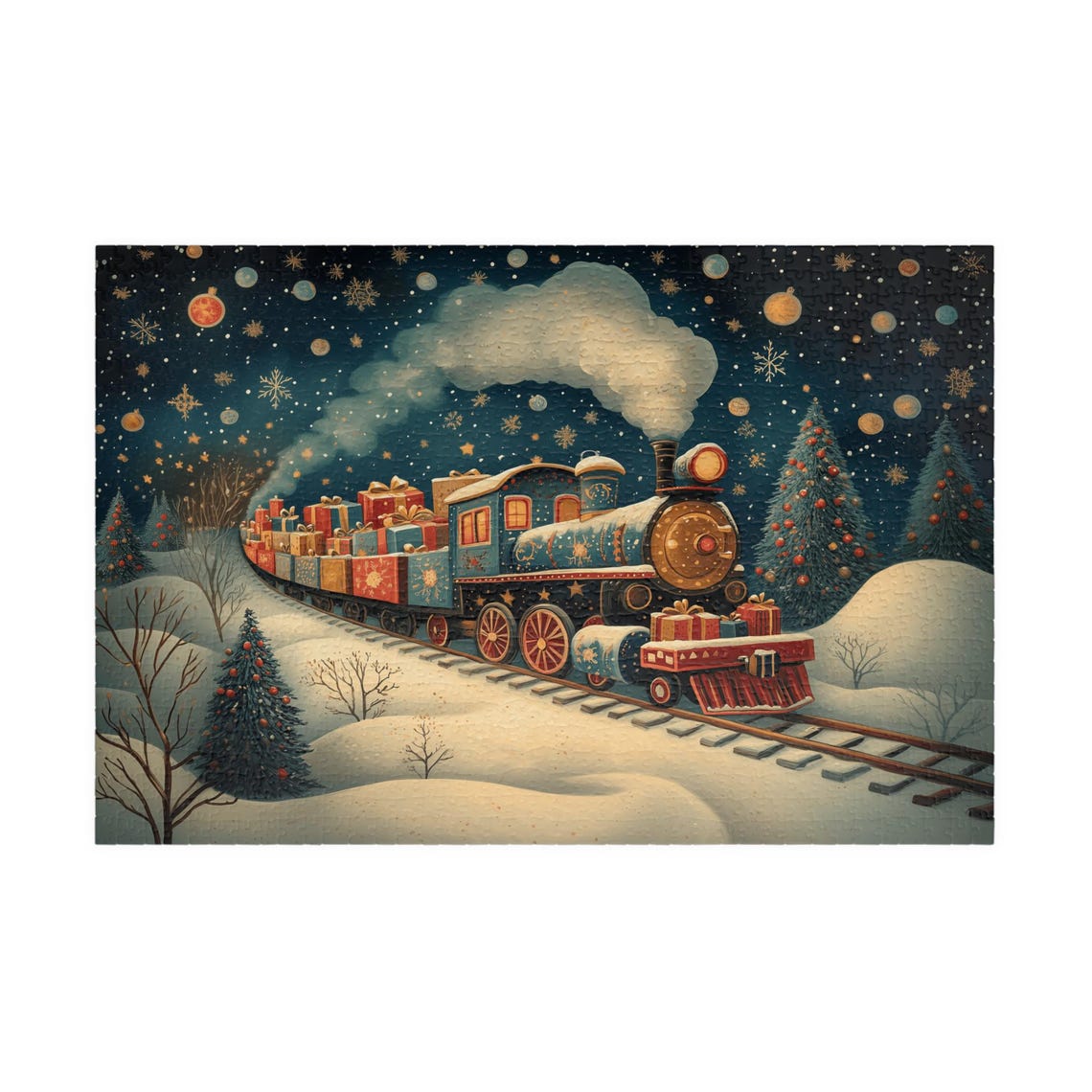 Folk Art Christmas Train Carrying Gifts Through Snow Art Poster - Image 3