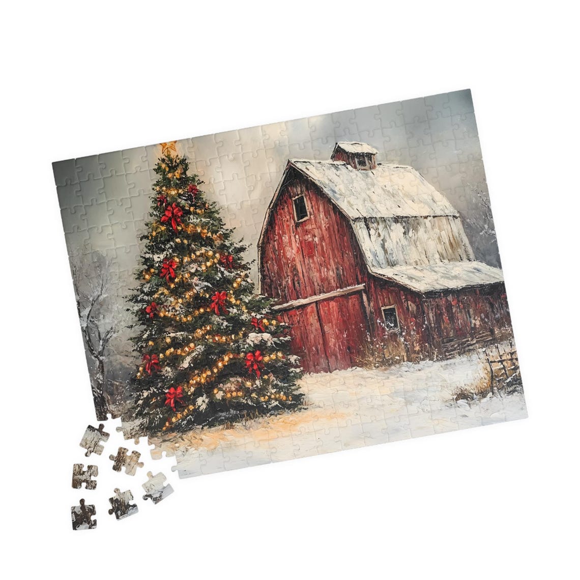 Red Barn With Decorated Christmas Tree Red Bows Lights Winter Poster - Image 4