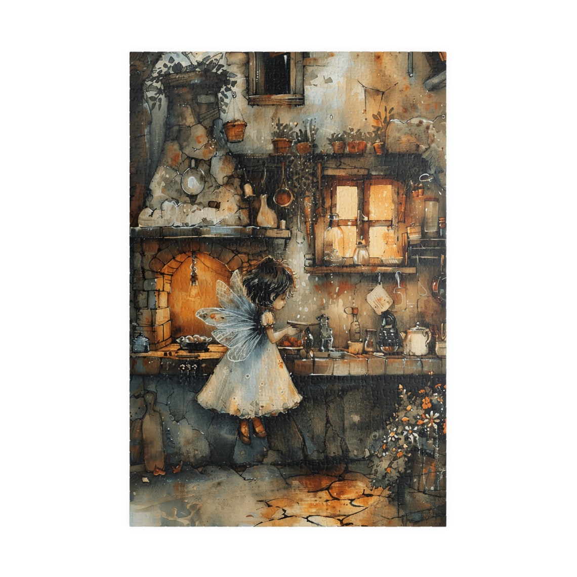 Fairy Girl in a Dark Cottage Kitchen by a Warm Glowing Hearth Print - Image 3