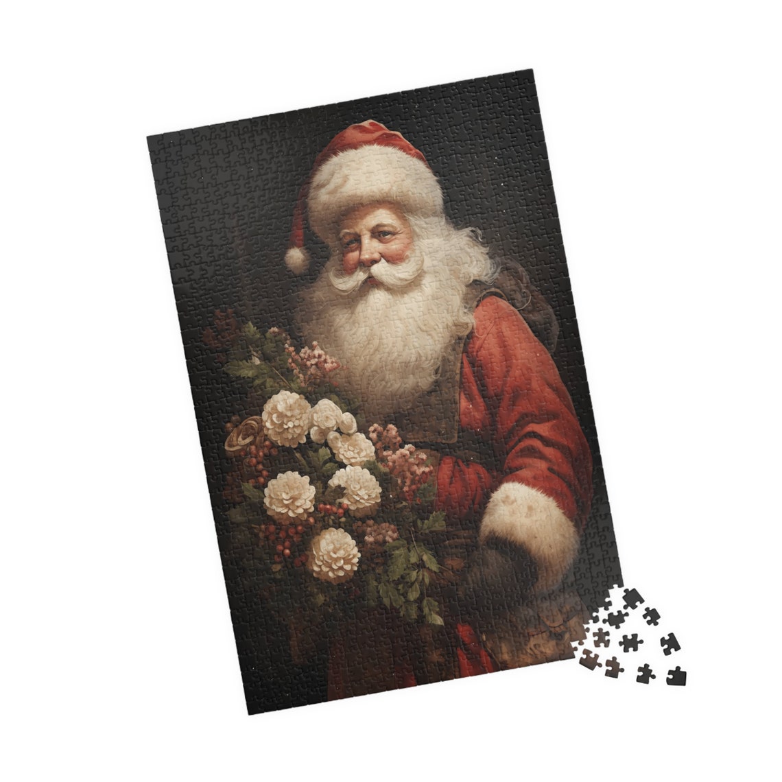 Vintage Santa Claus Portrait with White Flowers and Berries Art Print - Image 4