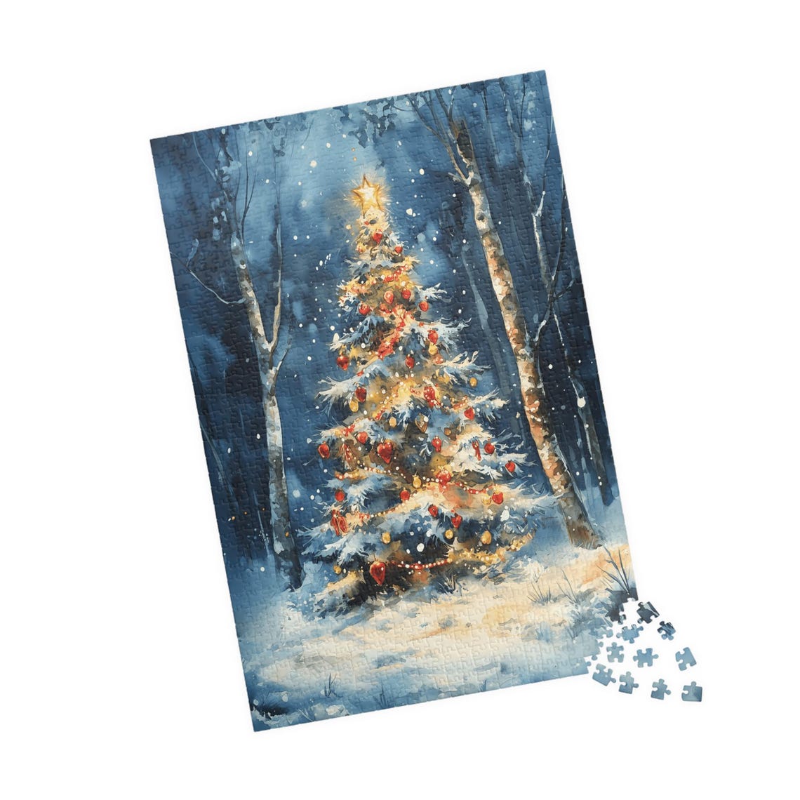 Glowing Christmas Tree In A Moonlit Birch Forest Watercolor Poster - Image 4