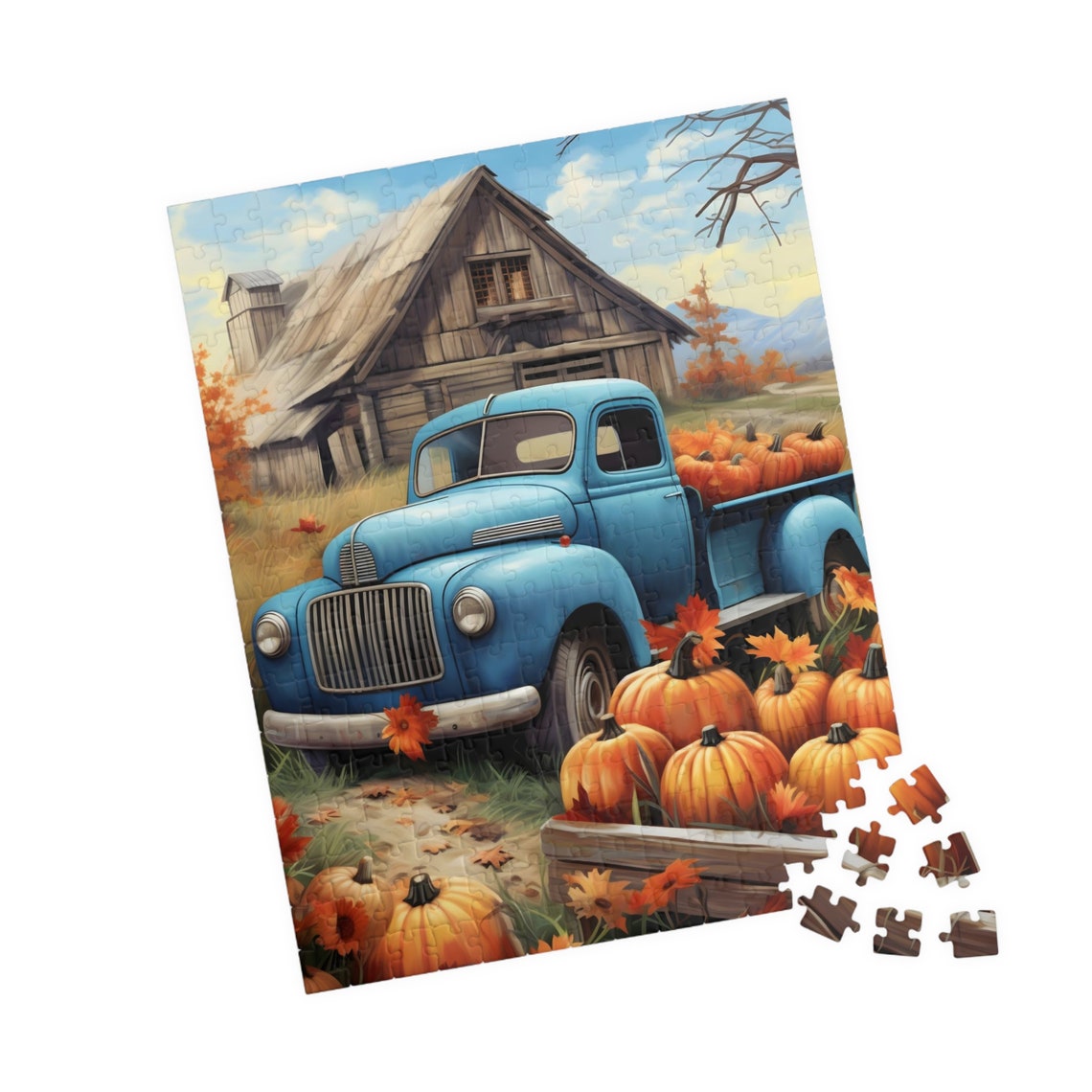 Vintage Blue Pickup Truck with Pumpkins at Rustic Barn Autumn Poster - Image 3
