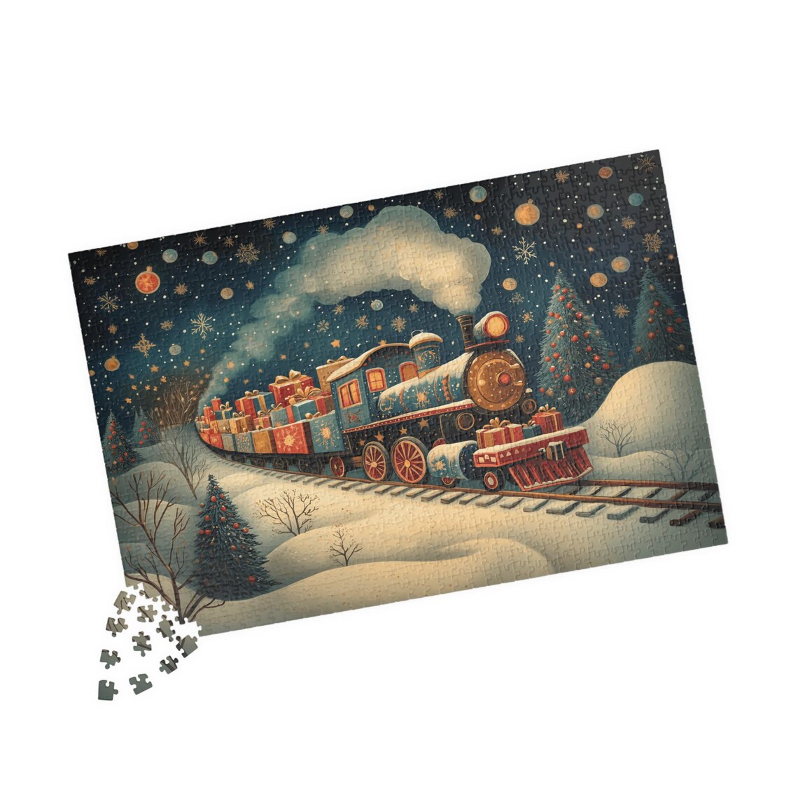 Folk Art Christmas Train Carrying Gifts Through Snow Art Poster - Image 4