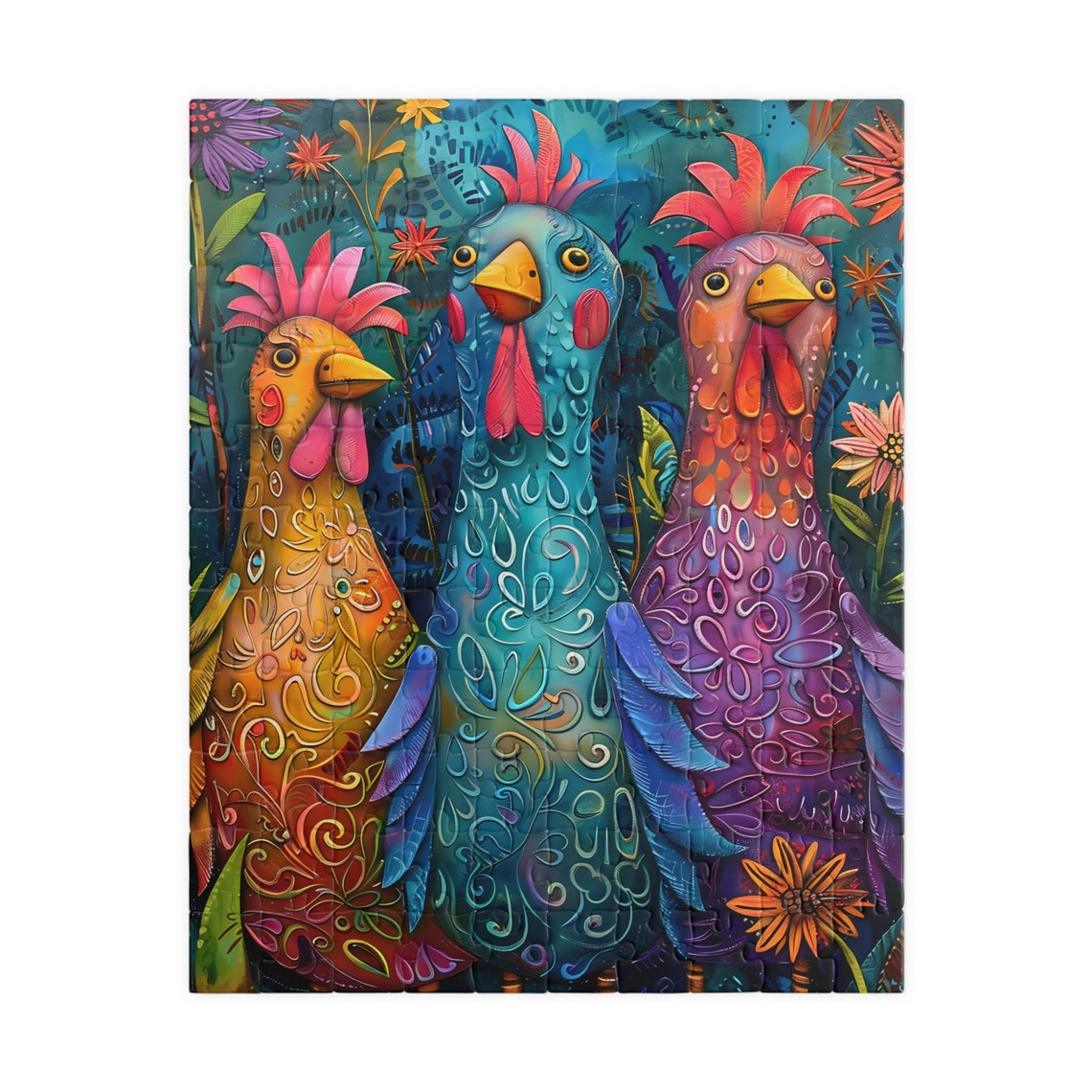 Three Colorful Chickens Whimsical Folk Art Fun Farm Bird Poster - Image 2