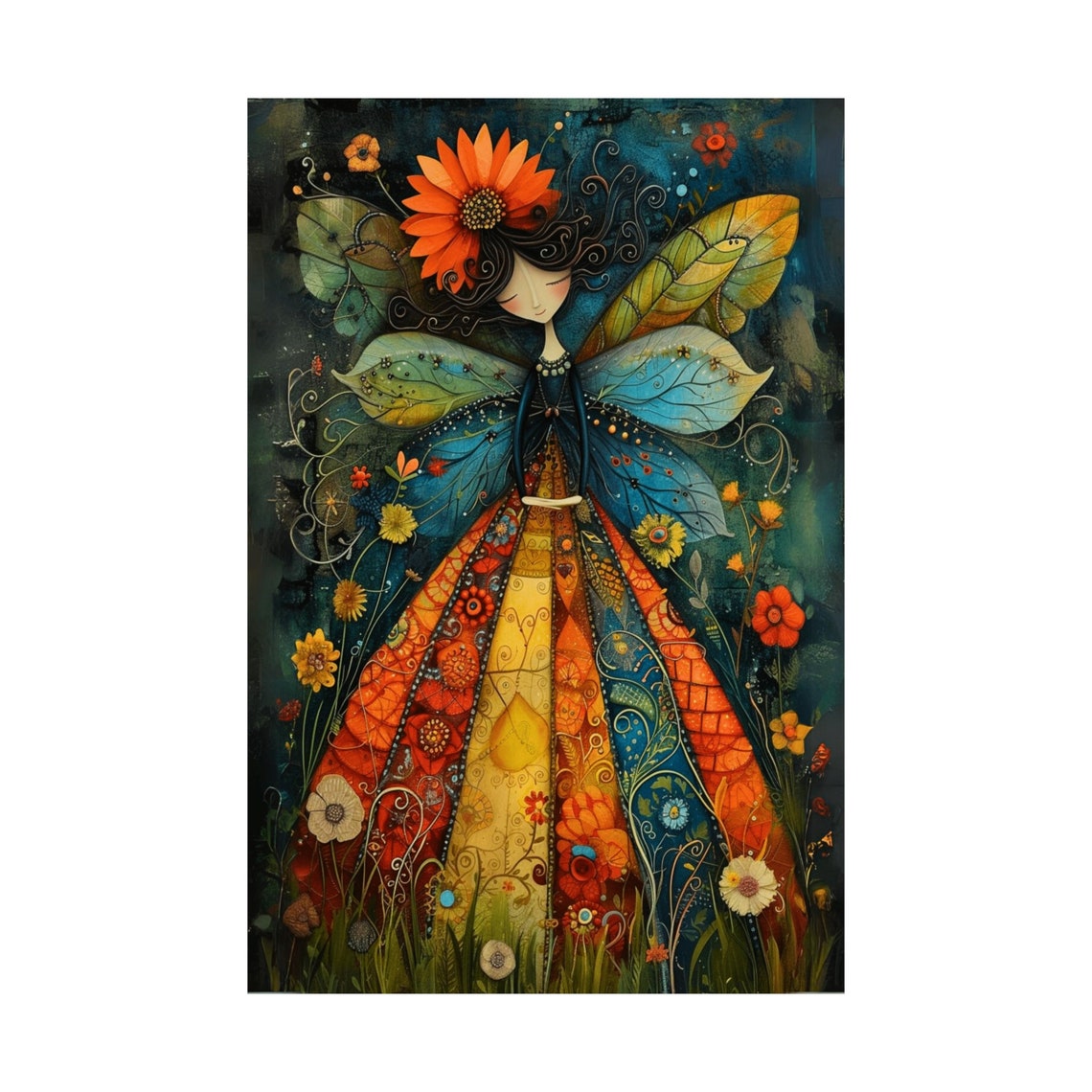 Patchwork Faerie with Leaf Wings in a Blooming Night Garden Art Print - Image 3